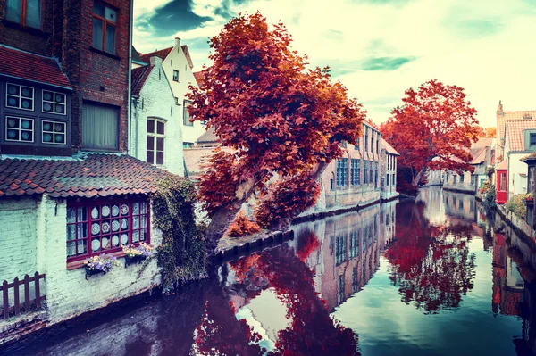 Bruges kanalda boyunca evleri — Stok fotoğraf