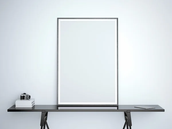 Quadro branco em branco na mesa preta. Renderização 3d — Fotografia de Stock