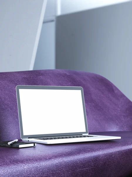 Modern laptop i snygg soffan. 3D-rendering — Stockfoto
