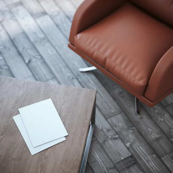 Mesa de madeira com duas folhas de papel.3d renderização — Fotografia de Stock