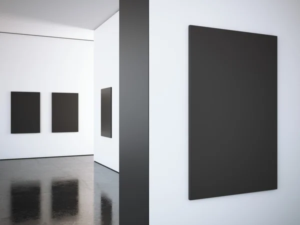 Galeria moderna brilhante com molduras pretas. Renderização 3d — Fotografia de Stock