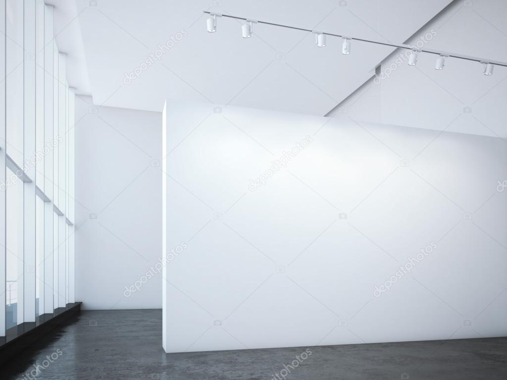 Modern bright gallery with white wall and spotlights. 3d rendering