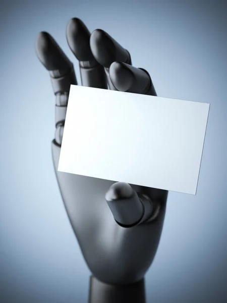Black robot arm with blank white business card — Stock Photo, Image