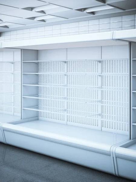 Öffnete den leeren Kühlschrank im Geschäft. 3D-Darstellung — Stockfoto