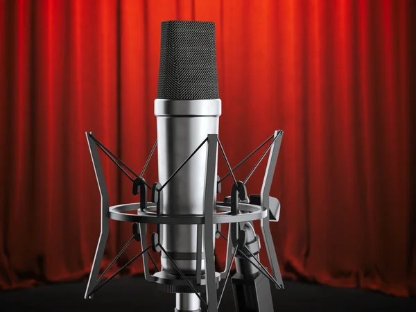 Metal studio microphone on the stage. 3d rendering — Stock Photo, Image