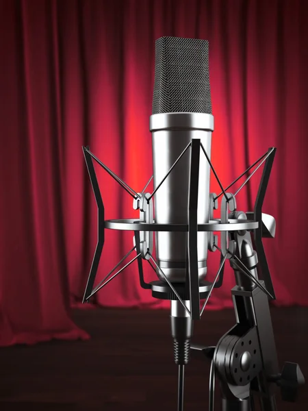 Metal studio microphone with curtains. 3d rendering — Stock Photo, Image