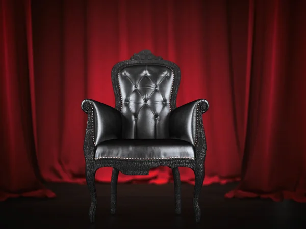 Luxe lederen fauteuil en rode gordijnen. 3D-rendering — Stockfoto