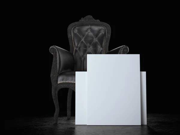 Sillón de lujo negro y dos carteles blancos. renderizado 3d — Foto de Stock