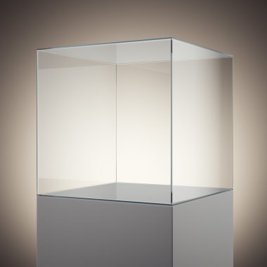 Empty glass cube on podium. 3d rendering clipart