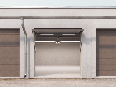 Empty storage unit with opened brown door. 3d rendering clipart