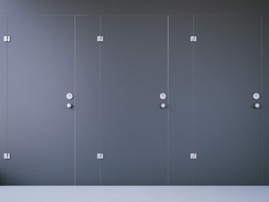 Closed public toilet cubicles with dark doors. 3d rendering clipart