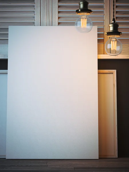 Vertical blank canvas in artists workshop. 3d rendering — Stock Photo, Image