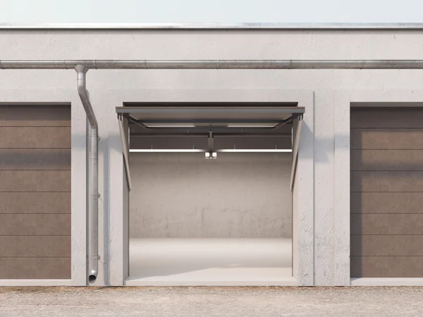 Empty storage unit with opened brown door. 3d rendering — Stock Photo, Image