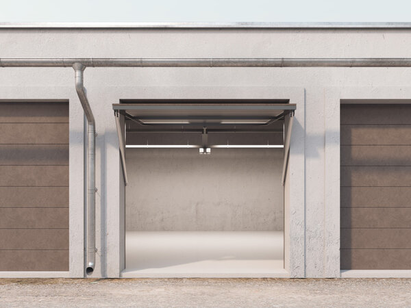 Пустой склад с открытой коричневой дверью. 3d-рендеринг
