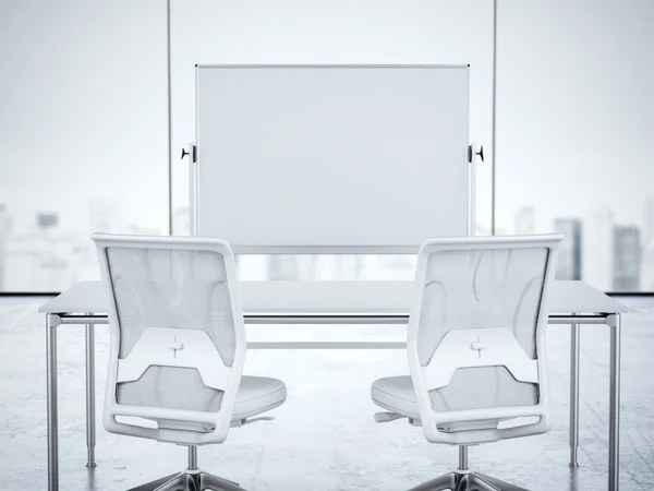 Duas cadeiras brancas e quadro branco no interior do escritório. Renderização 3d — Fotografia de Stock