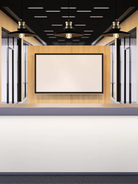Büro-Lobby mit Rezeption und Fernseher. 3D-Darstellung — Stockfoto