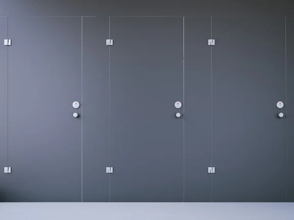 Закрытые общественные туалетные кабинки с темными дверями. 3d-рендеринг — стоковое фото