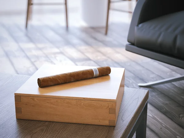 Сигара и хьюмидор на деревянном столе. 3d-рендеринг — стоковое фото