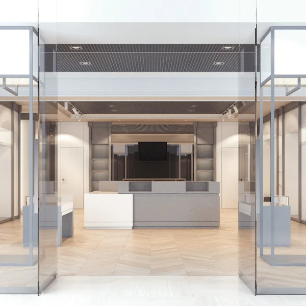 Modern boutique met glazen deuren. 3D-rendering — Stockfoto