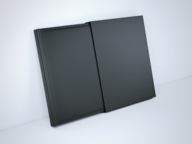 Siyah kapak kutusu ve kitap. 3D render