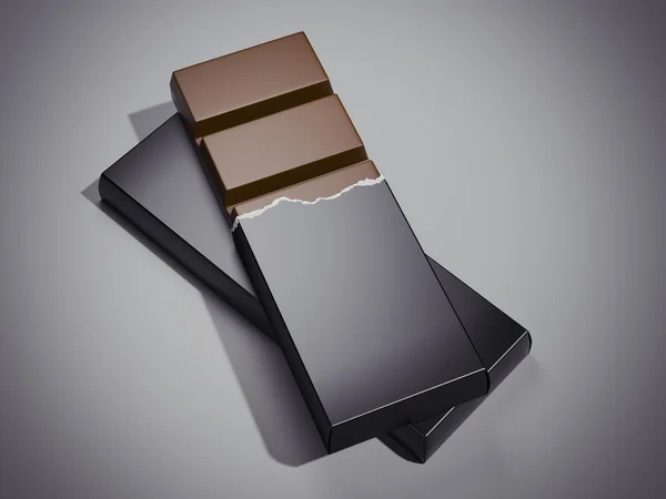 Barra di cioccolato in involucro nero. rendering 3d — Foto Stock