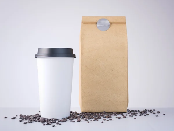 Kaffekopp och papper väska på träbord. 3D-rendering — Stockfoto