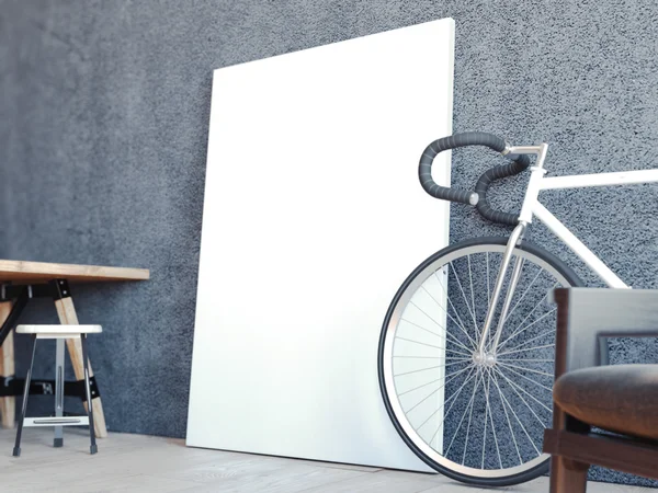 Современный интерьер с велосипедом и белой рамой. 3d-рендеринг — стоковое фото