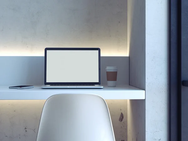 Posto di lavoro minimalista con laptop. rendering 3d — Foto Stock