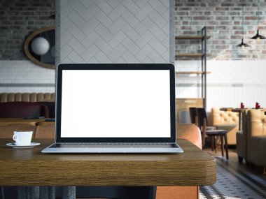 Cafe masa üstünde laptop. 3D render