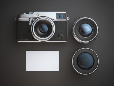 Boş kartvizit kamera ve iki lens ile. 3D render