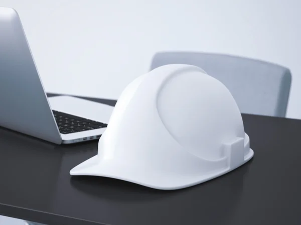 Capacete branco na mesa do escritório. Renderização 3d — Fotografia de Stock