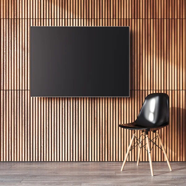 Interior moderno com tela na parede de madeira. Renderização 3d — Fotografia de Stock