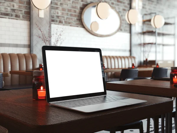 Το laptop πάνω στο ξύλινο τραπέζι στο μοντέρνο καφέ. 3D rendering — Φωτογραφία Αρχείου