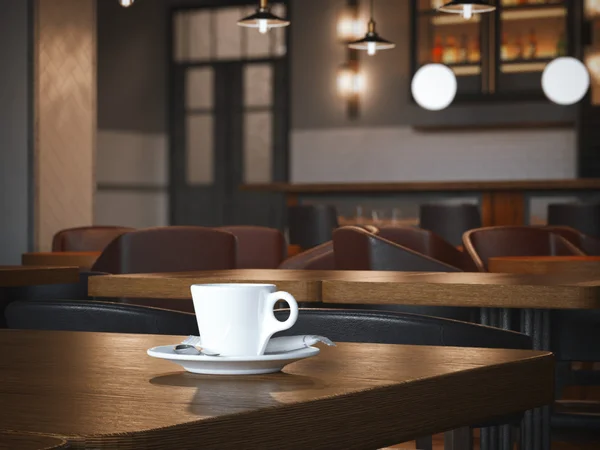 Kaffeetasse auf dem Holztisch im Restaurant. 3D-Darstellung — Stockfoto