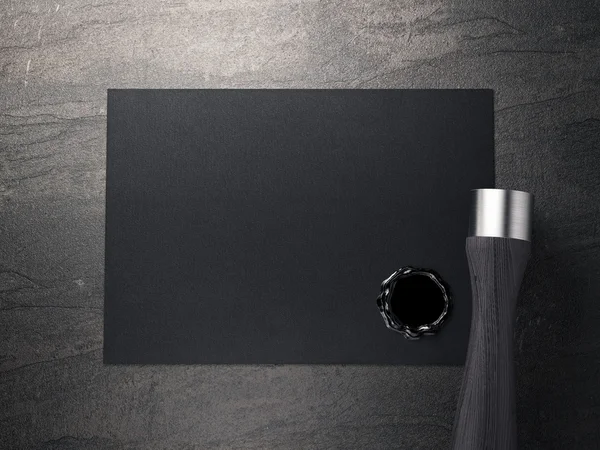 Чорна візитна картка з тюленячим воском та маркою. 3D візуалізація — стокове фото