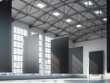 Hangar alanında boş siyah afiş. 3D render