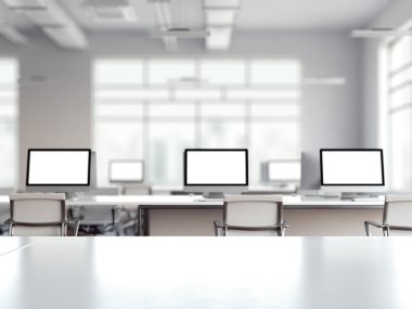 Birden çok bilgisayar ekranları ile ofis iç coworking. 3D render