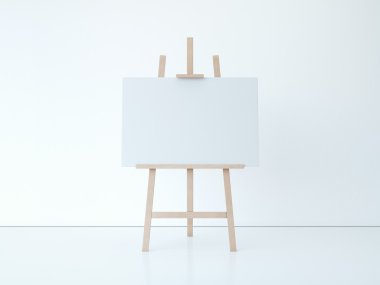 Ahşap şövale boş beyaz tuval ile. 3D render