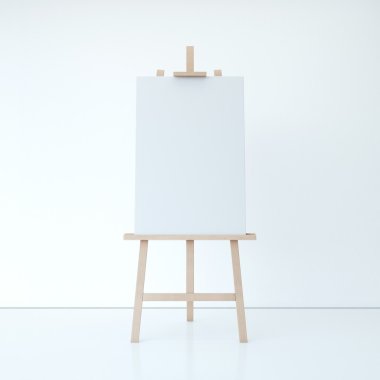 Ahşap şövale boş beyaz tuval ile. 3D render