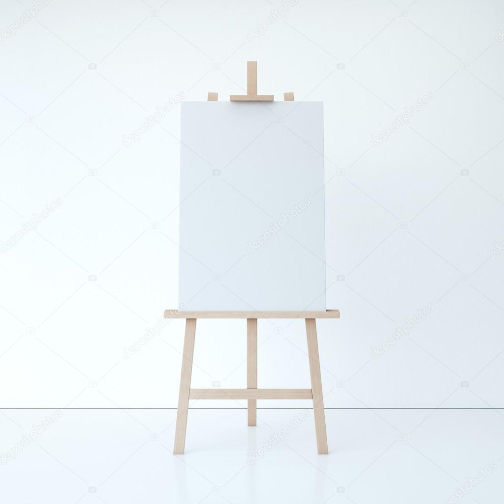 Wooden easel with empty white canvas. 3d rendering