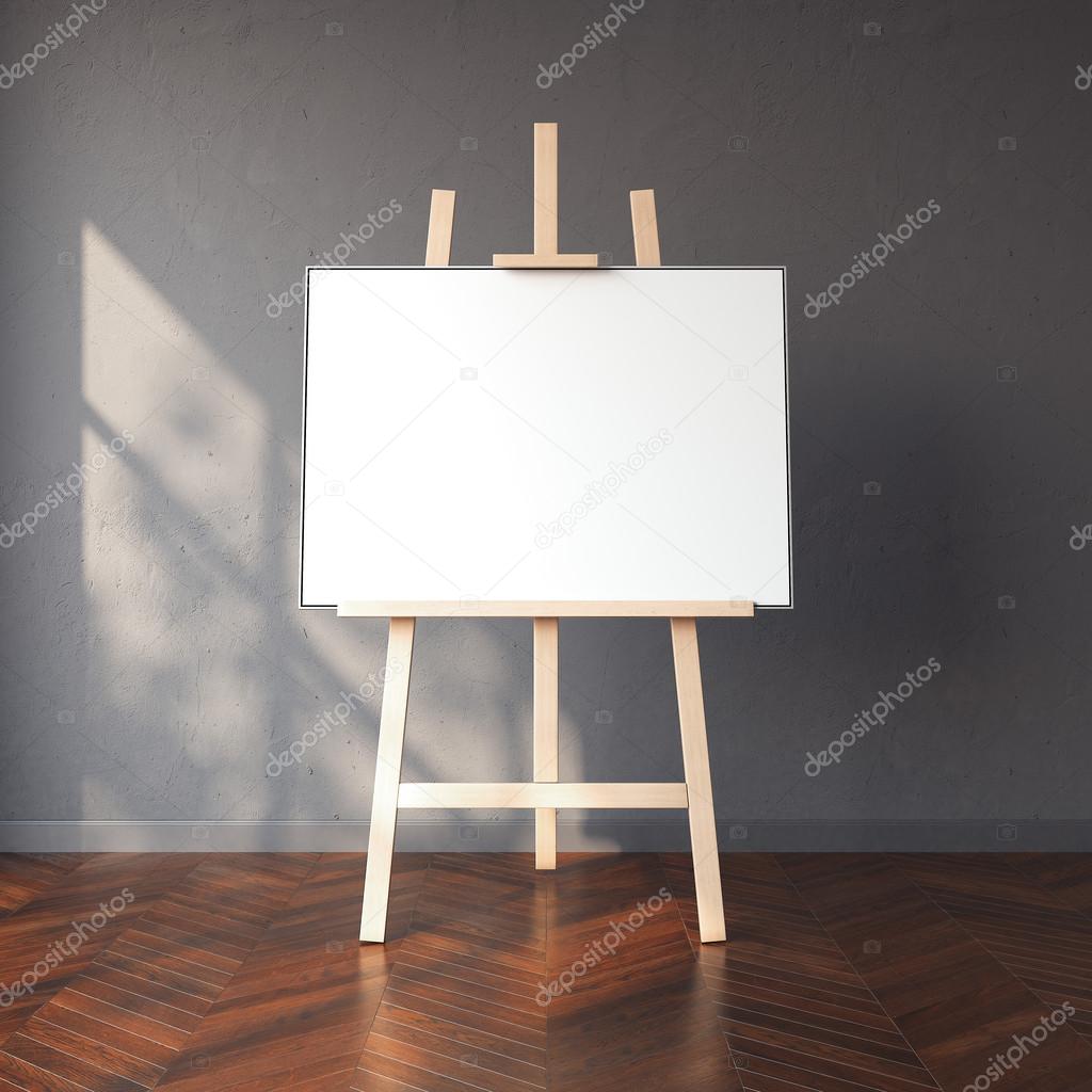 Easel and blank white canvas in bright interior. 3d rendering