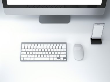 Ofis resepsiyon masası klavye ve smartphone ile. 3D render