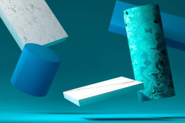 Mavi mermer ve Plastik Geometrik Formlar 'ın yakınındaki kaldırım kenarında boş alan olan White Square Showcase. 3d oluşturma