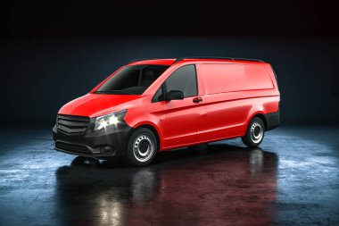 Siyah Arkaplan ve Siyah Beton Döşeme 'de modern Kırmızı Gerçekçi Teslimat Minibüsü. 3d oluşturma