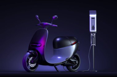 Karanlık arka planda elektrik şarjı olan siyah elektrikli scooter Violet Neon Light tarafından aydınlatıldı. Eko Alternatif Taşıma Konsepti. 3d oluşturma