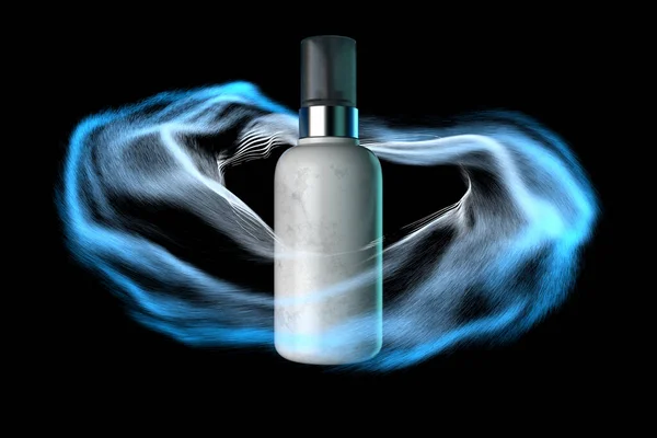 Glass Dropper Or Dispenser In Light Blue Steam of Transparent Fur on Black Background. 3d Rendering — Stock Photo, Image