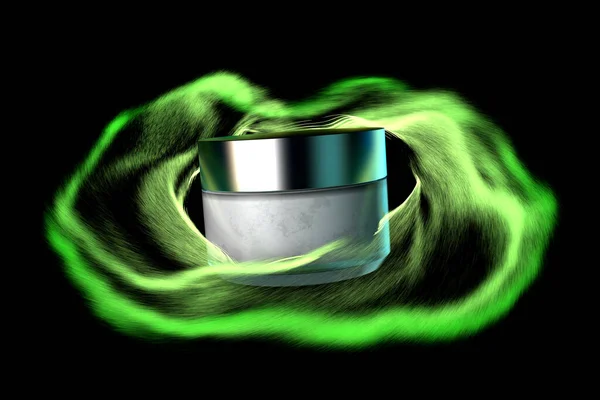 Barattolo di crema di vetro con coperchio in argento a vapore verde chiaro di pelliccia trasparente su sfondo nero. 3d Rendering — Foto Stock