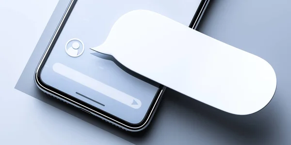 Біла бульбашка мовлення на мобільному телефоні з сірим екраном. 3d рендеринг — стокове фото