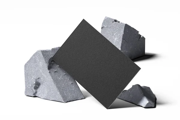 Black Blank Business Card On Broken Concrete Or Stone on White Background. Empty space. Copy space. 3d rendering — Stock Photo, Image