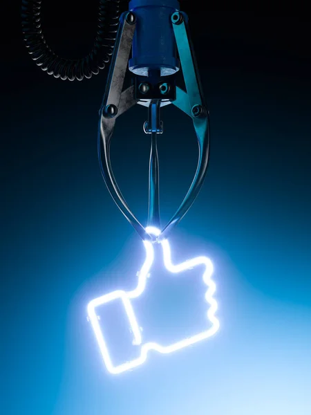 机器人爪抓起用霓虹灯制成的白色大拇指图标。就像在蓝色背景上的图标。3d渲染 — 图库照片